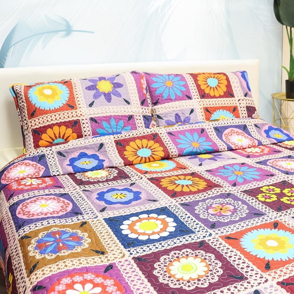 Patchwork Quilt Set King Size 3 Pieces Set Quilts Crochet Style Bohemian Bedspread Coverlet Set for All Season Reversible Boho Bed Cover Bedding Set 1 Quilt and 2 Pillow Shams, 96" x 106"