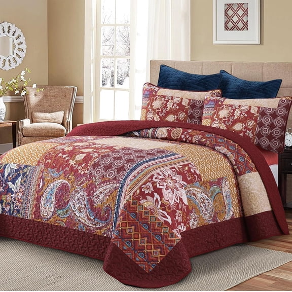 Patchwork Quilt Set Queen Size Red Bohemian Floral Paisley Quilt Bedding Set, 3 Pieces Boho Burgundy Vintage Bedspread Microfiber Reversible Bedding Coverlet for All Season 96''x90''