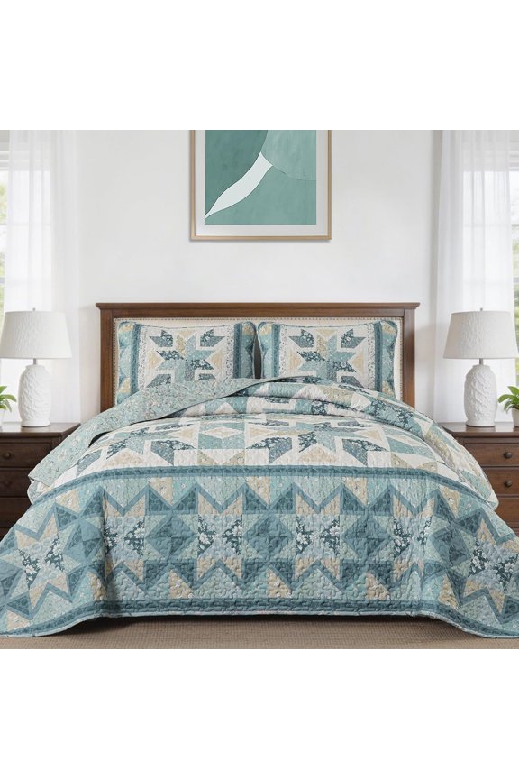 Patchwork Quilts Size,Reversible Green Floral Quilt Bedding Set, Handmark Quilt,Lightweight Spring Bedspreads Coverlet Set 3 count for 96" x90"