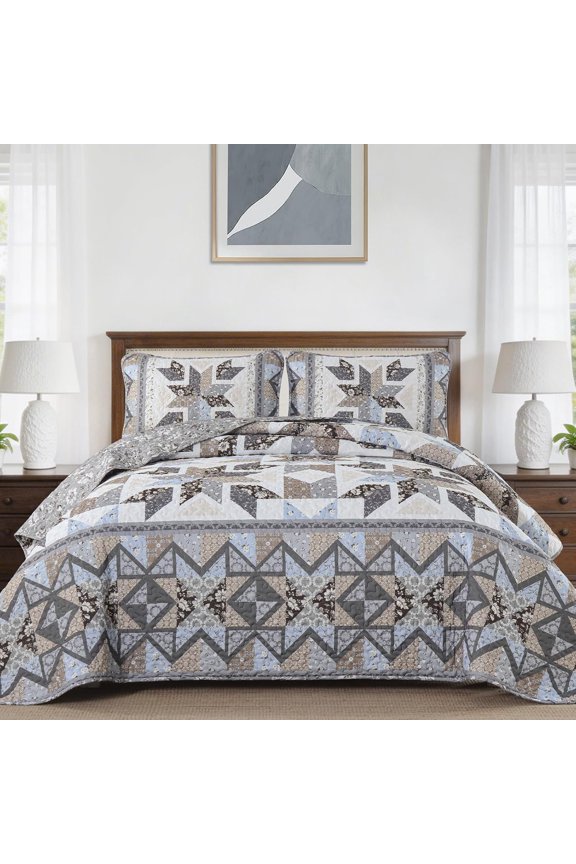 Patchwork Quilts Size,Reversible Grey Floral Quilt Bedding Set, Handmark Quilt,Lightweight Spring Bedspreads Coverlet Set 3 count for 96" x90"