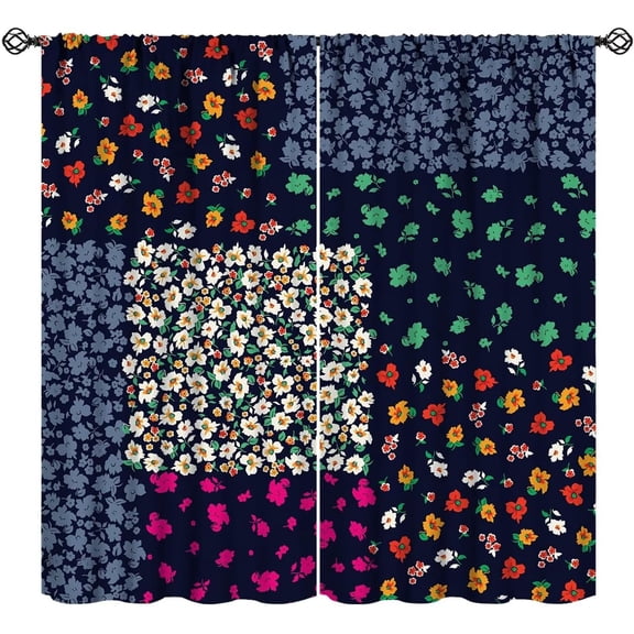 Patchwork Retro Blackout Curtians Rustic Farmhouse Spring Blooming Flowers Colorful for Girls Women Bedroom Living Room Rod Pocket Decoration Window Drapes 2 Panels W42xL54in