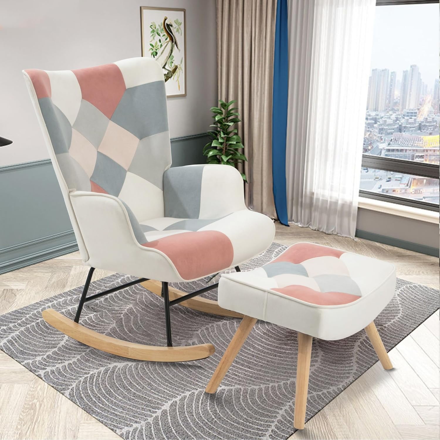 Patchwork Rocking Chair with Ottoman Upholstered Rocker Accent Chairs ...