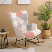 Patchwork Rocking Chair,Upholstered Rocking Chair with High Backrest and Wooden Base,Modern Glider Chair for Nursery, Living Room, Bedroom, Office,Pink