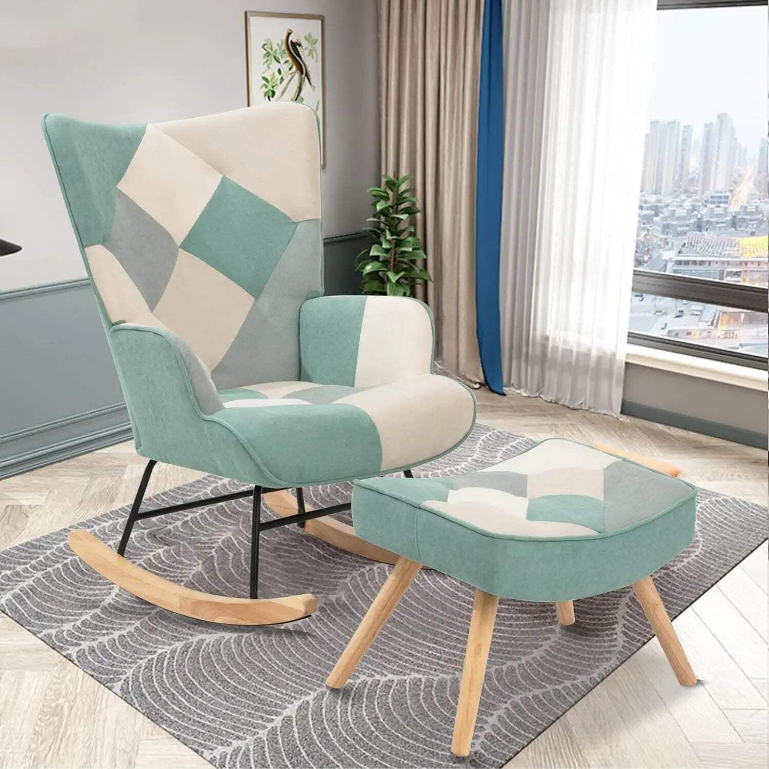 Patchwork Rocking Chair with Ottoman Upholstered Rocker Accent Chairs ...