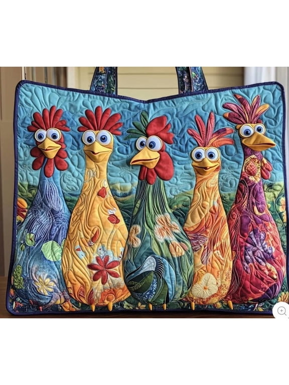 Patchwork Rooster Tote Bag For Women - Large Quilted Chicken Shoulder Handbag 5 Colorful Birds For Grocery Beach Daily 40cm