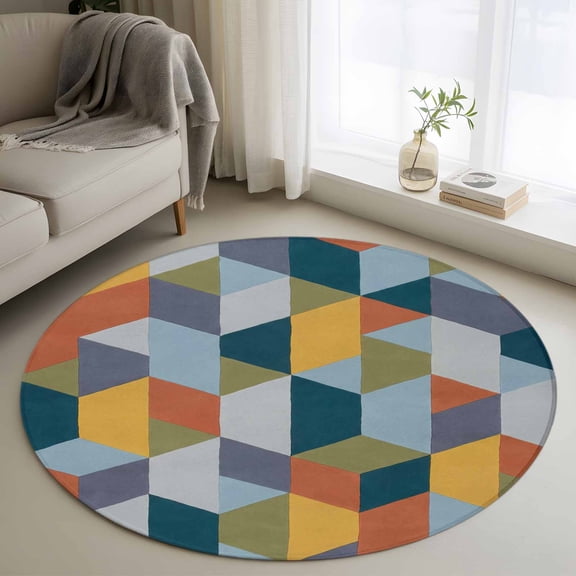Patchwork Round Rugs for Living Room 3ft Colorful Geometric Abstract Three Dimensional Cube Non Slip Circle Rug Washable Low-Profile Indoor Carpet for Bedroom, Dining Room, Bathroom