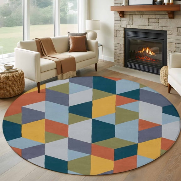 Patchwork Round Rugs for Living Room 7ft Colorful Geometric Abstract Three Dimensional Cube Non Slip Circle Rug Washable Low-Profile Indoor Carpet for Bedroom, Dining Room, Bathroom