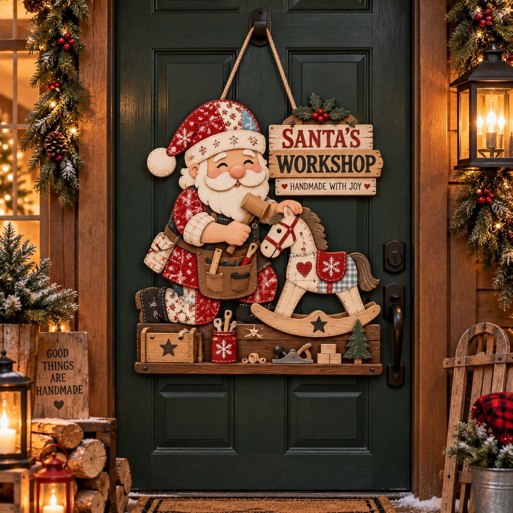 Patchwork Santa Door Sign, Carpenter Workshop Rocking Horse Entryway ...