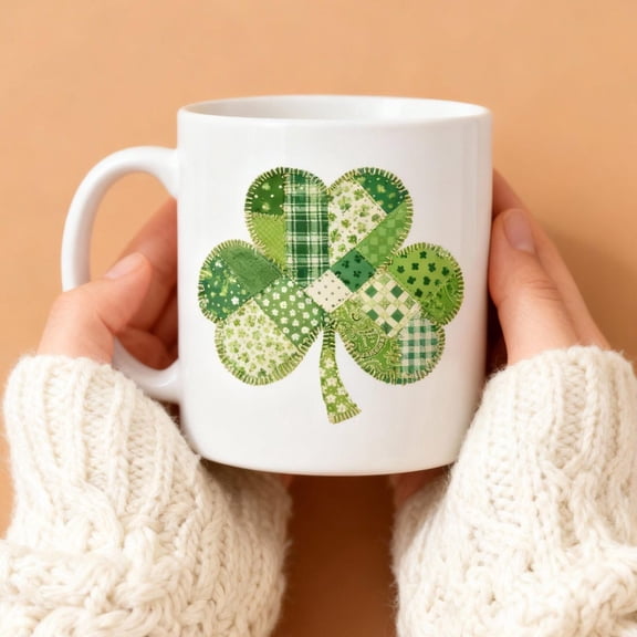 Patchwork Shamrock Mug, Lucky Clover Coffee Cup, Cozy Cottagecore Gift