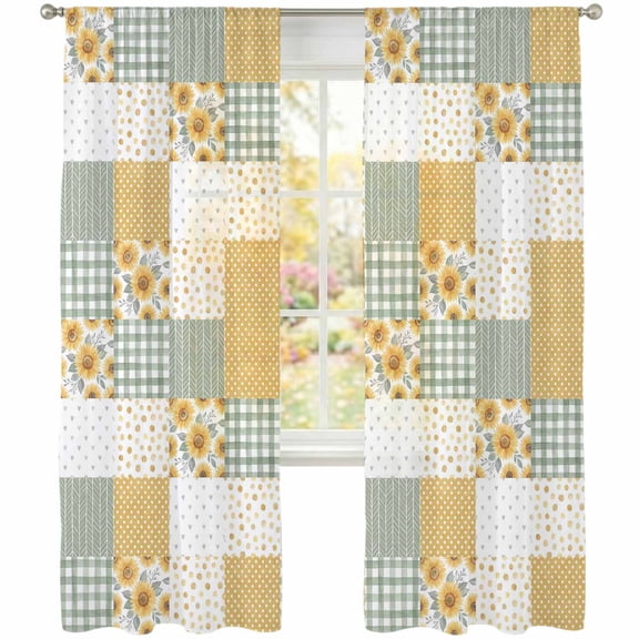 Patchwork Sheer Curtains 108 Inches Long, Rustic Floral Yellow Sunflowers Green Gingham Stripe Light Filtering Sheer Window Curtains Drapes for Living Room Bedroom 2 Panels Set