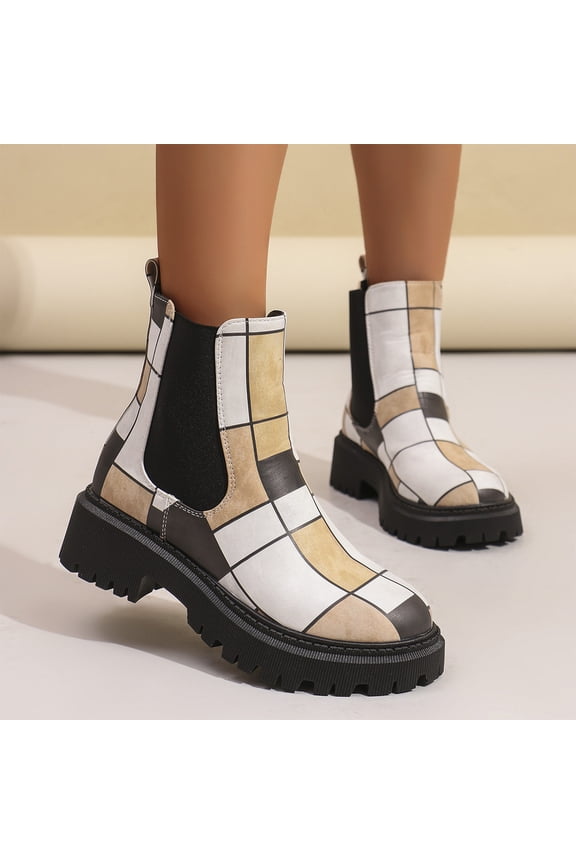 Patchwork Short Booties, Geometric Checkered Patchwork Chelsea Boots Casual Outdoor Strolling, Elastic Side Panel Lug Sole Footwear Holiday Travel Wearing, Chunky Platform Short Booties, White 6