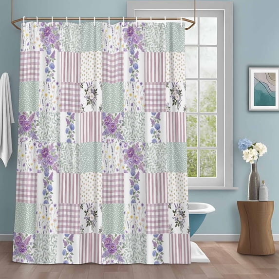 Patchwork Shower Curtain with Hooks, Rustic Purple Roses Gingham Plaid Stripe Ditsy Dots Water Repellent Shower Curtains for Bathroom Decor Sturdy Shower Curtain, Machine Washable 60x72 Inch
