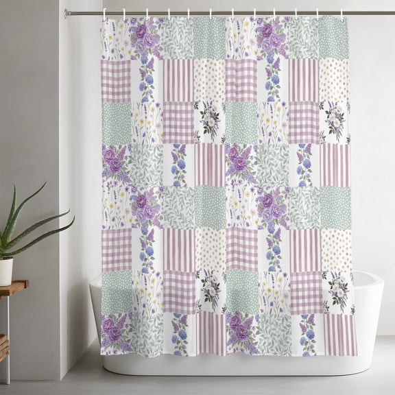 Patchwork Shower Curtain, Rustic Purple Roses Gingham Plaid Stripe Ditsy Dots Waterproof Washable Bath Fabric Shower Curtains Set with 12 Hooks for Bathroom Bathtub Decoration 36x72in