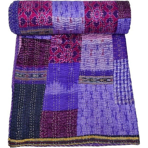 Patchwork Silk Kantha Quilt Bedcover Silk Patola Quilt Throw Blanket