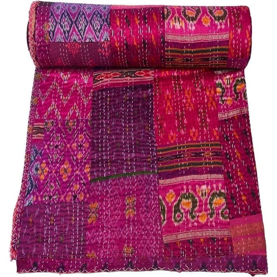 Patchwork Silk Kantha Quilt Bedcover Silk Patola Quilt Throw Blanket