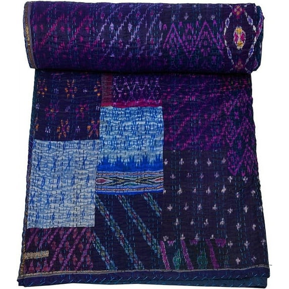 Patchwork Silk Kantha Quilt Bedcover Silk Patola Quilt Throw Blanket