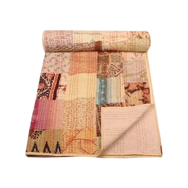 Patchwork Silk kantha Quilt King Size Bedspread Indian Handmade Throw