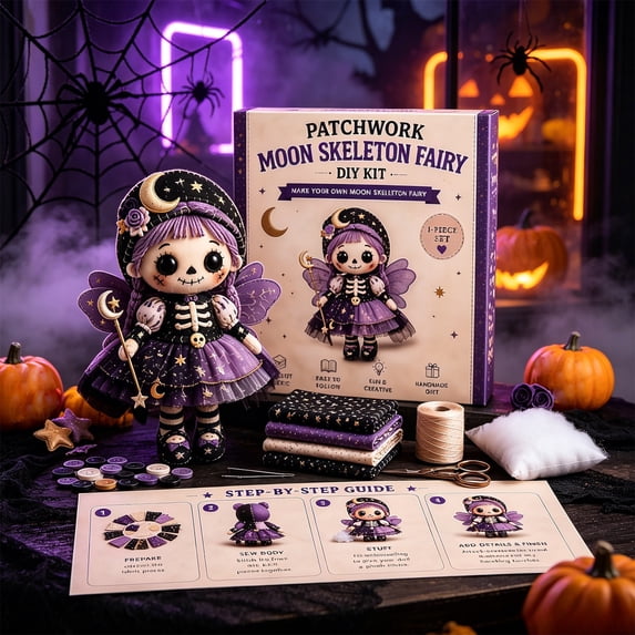 Patchwork Skeleton Witch DIY Sewing Kit Beginner-Friendly Doll Making Set with Gothic Cute Plush Halloween Craft Activity for Adults Teens Spooky Room Decor Gift