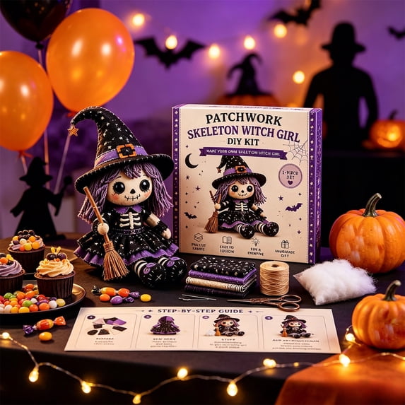 Patchwork Skeleton Witch DIY Sewing Kit Beginner-Friendly Doll Making Set with Gothic Cute Plush Halloween Craft Activity for Adults Teens Spooky Room Decor Gift