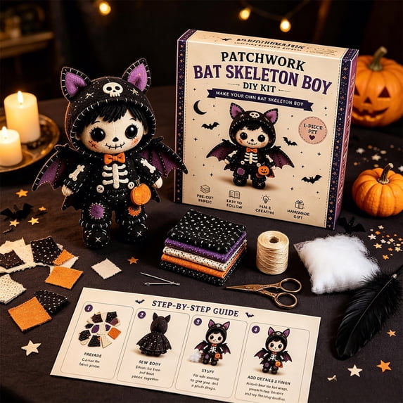 Patchwork Skeleton Witch DIY Sewing Kit Beginner-Friendly Doll Making Set with Gothic Cute Plush Halloween Craft Activity for Adults Teens Spooky Room Decor Gift