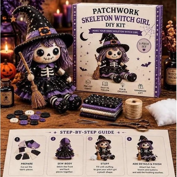 Patchwork Skeleton Witch Girl DIY Kit - Complete Felt Craft Kit with Premium Materials, Perfect for First-Time Crafters Seeking Creative Autumn Activity
