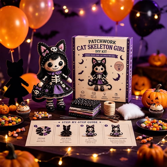 Patchwork Skeleton Witch Girl DIY Kit, Eerily Cute Witchgirls Dolls Felt Patchwork Kit, Halloween Sewing Craft Kit for Adults, Beginner-Friendly Gothic Cute Handmade Doll Making Set