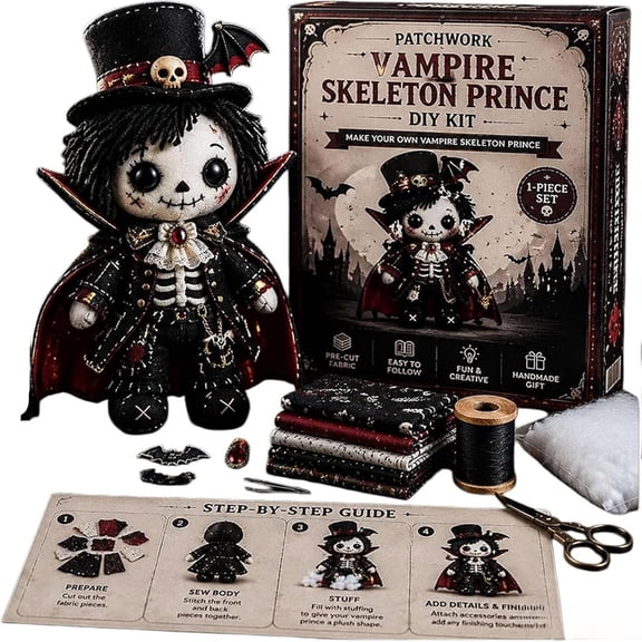 Patchwork Skeleton Witch Girl DIY Kit, Eerily Cute Witchgirls Dolls Felt Patchwork Kit, Halloween Sewing Craft Kit for Adults, Beginner-Friendly Gothic Cute Handmade Doll Making Set