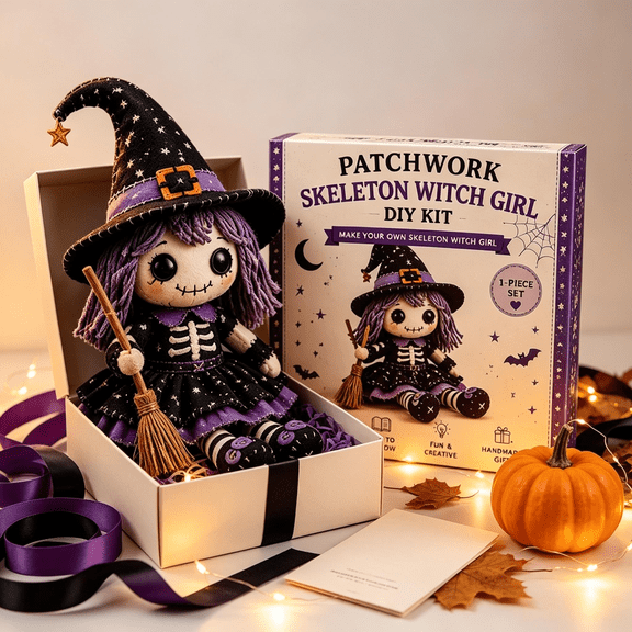 Patchwork Skeleton Witch Girl DIY Kit, Eerily Cute Witchgirls Dolls Felt Patchwork Kit, Halloween Sewing Craft Kits for Adults & Beginner, Skeleton Craft Fans (Skeleton Witch Girl)