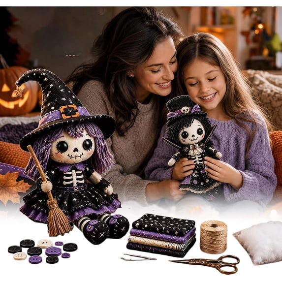 Patchwork Skeleton Witch Girl DIY Kit, Halloween DIY Patchwork Skeleton Set with 7 Styles Doll Making, Handmade Decor Ornament Gift for Craft Lovers, Beginner Sewing Project (CC1)