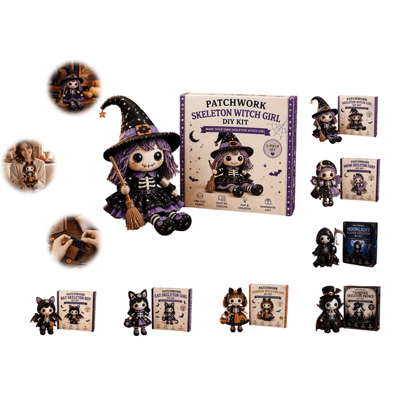 Patchwork Skeleton Witch Girl DIY Kit, Halloween Sewing Craft Kit for Adults, Beginner-Friendly Gothic Cute Handmade Doll Making Set, Great for Family Crafting Nights