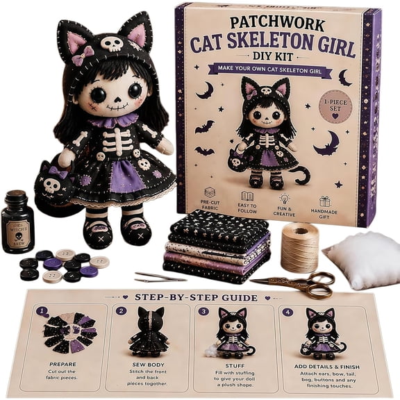 Patchwork Skeleton Witch Girl DIY Kit - Halloween Sewing Craft Kit for Adults and Teens, Beginner-Friendly Gothic Cute Handmade Doll Making Set (Cat Skeleton Girl)