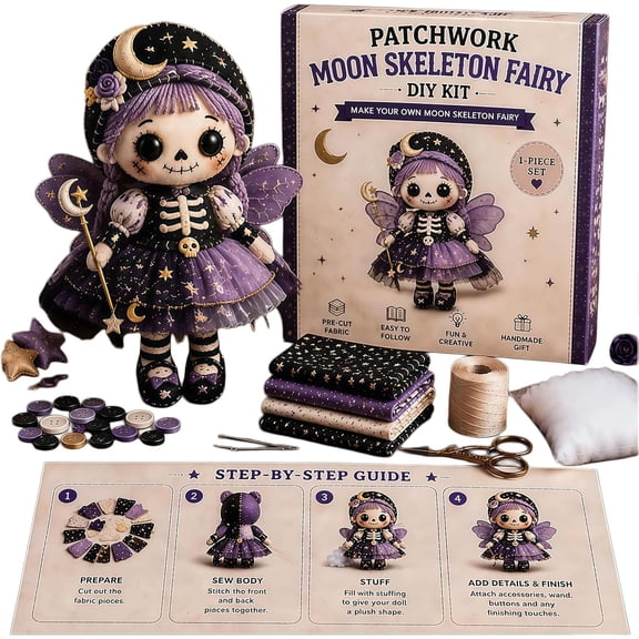Patchwork Skeleton Witch Girl DIY Kit - Halloween Sewing Craft Kit for Adults and Teens, Beginner-Friendly Gothic Cute Handmade Doll Making Set (Moon Skeleton Fairy)