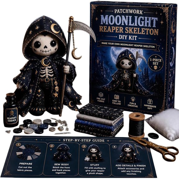 Patchwork Skeleton Witch Girl DIY Kit - Halloween Sewing Craft Kit for Adults and Teens, Beginner-Friendly Gothic Cute Handmade Doll Making Set (Moonlight Reaper Skeleton)