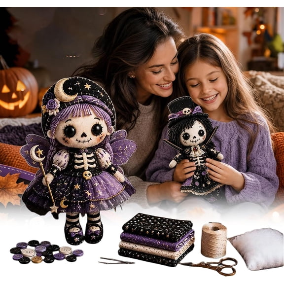 Patchwork Skeleton Witch Girl DIY Kit, Halloween Sewing Craft Kit for Adults and Teens, Beginner-Friendly Gothic Cute Handmade Doll Making Set, Seasonal Decor Gift (#07)