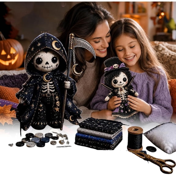 Patchwork Skeleton Witch Girl DIY Kit, Halloween Sewing Craft Kit for Adults and Teens, Beginner-Friendly Gothic Cute Handmade Doll Making Set, Seasonal Decor Gift (#03)