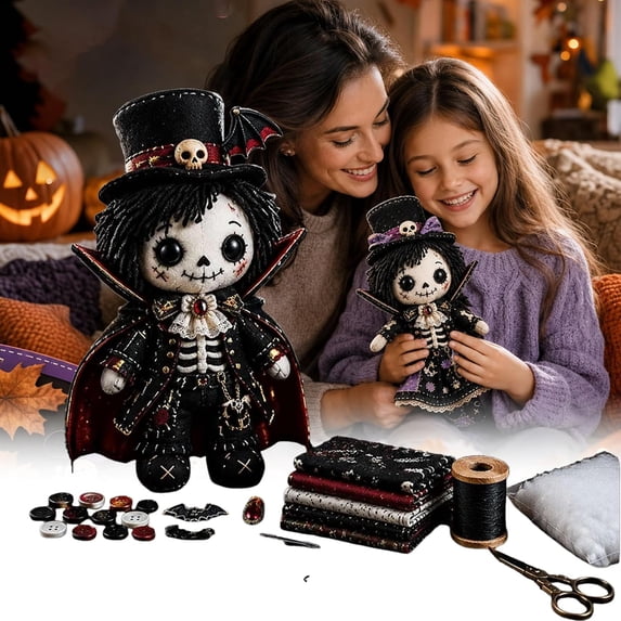 Patchwork Skeleton Witch Girl DIY Kit, Halloween Sewing Craft Kit for Adults and Teens, Beginner-Friendly Gothic Cute Handmade Doll Making Set, Seasonal Decor Gift (#06)
