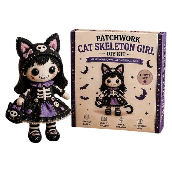 Patchwork Skeleton Witch Girl DIY Kit, Halloween Sewing Craft Kit for Adults and Teens, Beginner-Friendly Gothic Cute Handmade Doll Making Set, Seasonal Decor Gift