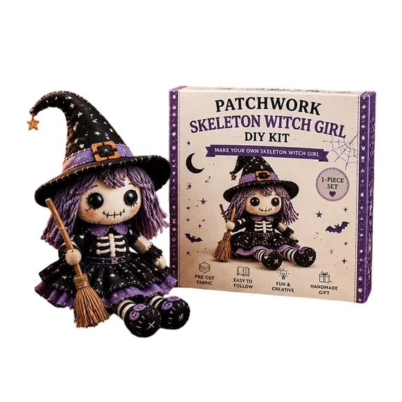 Patchwork Skeleton Witch Girl DIY Kit, Halloween Sewing Craft Kit for Adults and Teens, Beginner-Friendly Gothic Cute Handmade Doll Making Set