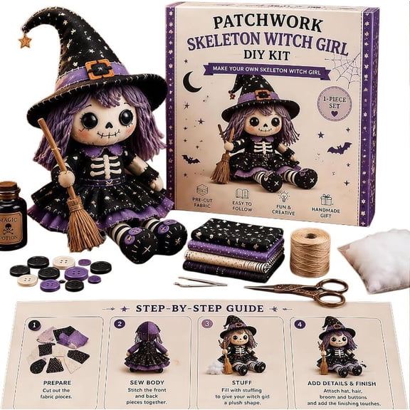Patchwork Skeleton Witch Girl DIY Kit, Halloween Sewing Craft Kit for Adults and Teens, Create Your Own Collectible Plushie for Festive Room Decor