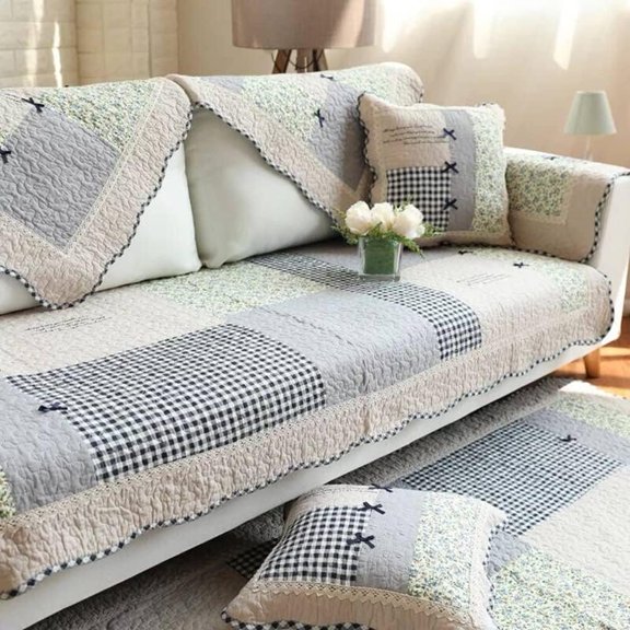 Patchwork Sofa Couch Covers Floral Quilted Sectional Couch Cover, Non Slip Sofa Slipcover Washable Furniture Protector, 1 count/Not Set - 27"x27"