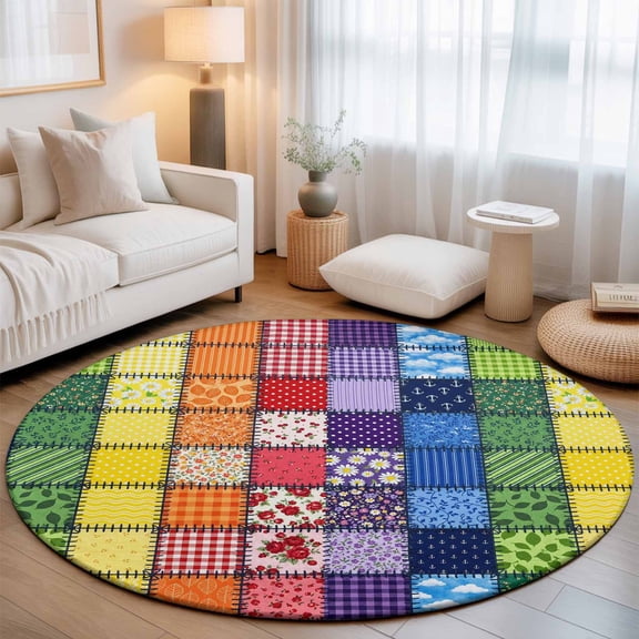 Patchwork Squares 3.3' Round Rug for Bedroom Reading Corner, Vintage Red Floral Green Leaves Rainbow Grid Washable Non Slip Circle Area Rug