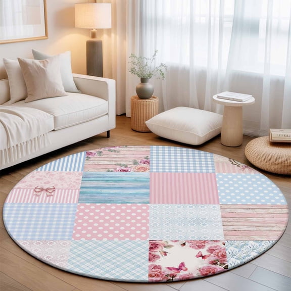 Patchwork Squares 3' Round Rug for Bathroom Accent Bedside Corner, Pink Blue Floral Wood Grain Bowknot Dots Washable Non Slip Circle Area Rug for Small Spaces