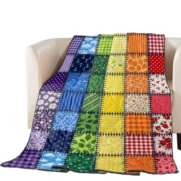 Patchwork Squares Quilted Comforters Cooling Blanket Oversized King Size, Vintage Red Floral Green Leaves Rainbow Grid Cold Comfort for Hot Sleepers Lightweight Air Conditioning Quilt Blanket for Bed