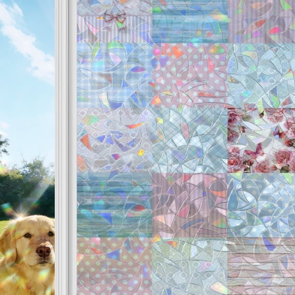 Patchwork Squares Rainbow Window Privacy Film, Pink Blue Floral Wood Grain Bowknot Dots Stained Glass Window Film, Sun Blocking Glass Clings Static Cling Non Adhesive Door Stickers 29.5 x 78.7 Inches