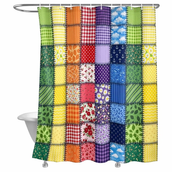 Patchwork Squares Shower Curtain, Vintage Red Floral Green Leaves Rainbow Grid Lightweight Waterproof Fabric Shower Curtain with Rustproof Grommets for Bathroom Bathtub 36x72in