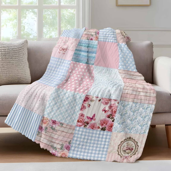 Patchwork Squares Throw Blanket for Couch Pink Blue Floral Wood Grain Bowknot Dots Soft and Warm Flannel 3D Striped Fluffy Fuzzy Fleece Blanket Lightweight Throw for Bed, Sofa 30 x 40 Inches
