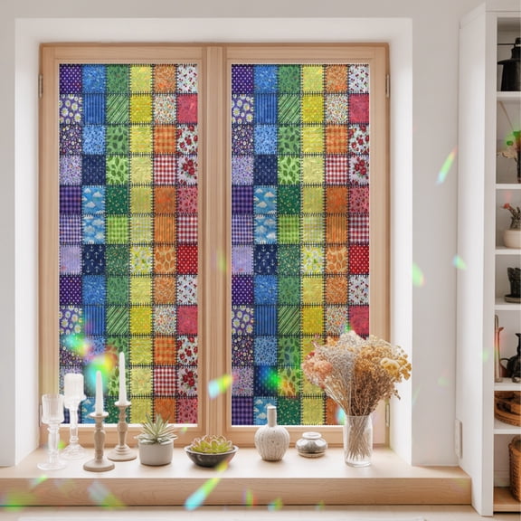 Patchwork Squares Window Privacy Film Vintage Red Floral Green Leaves Rainbow Grid Static Cling Stained Glass Window Film Non-Adhesive Decorative Decals Rainbow Sticker 23.6"X59"