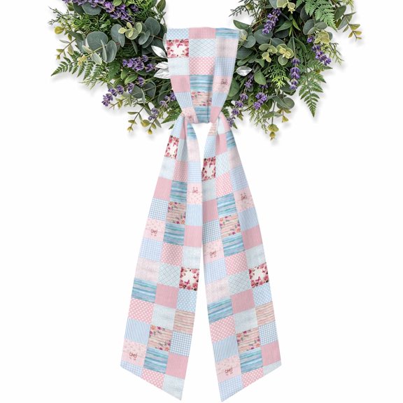 Patchwork Squares Wreath Sash for Front Door, Pink Blue Floral Wood Grain Bowknot Dots Satin Wreath Ribbon Bow Accessory Garland Home Decor for Doorway Porch Yard 4.5x56