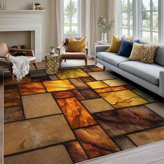 Patchwork Stained Glass Area Rug, Vintage Design Carpet, Washable Non Slip Soft Low Pile, Living Room Bedroom Kitchen Office Mat 5x8ft