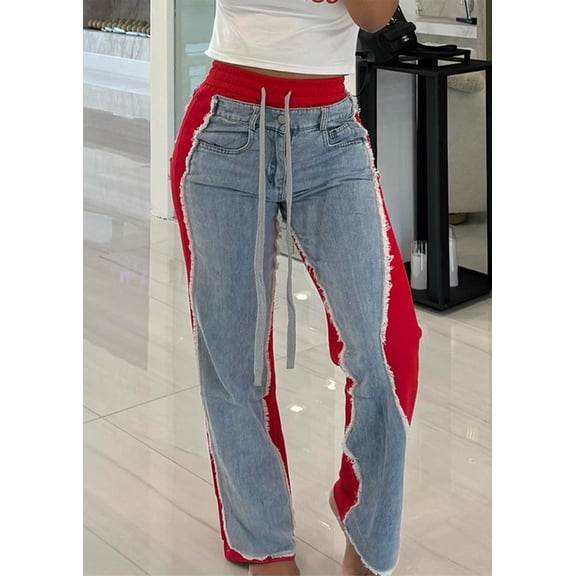 Patchwork Straight Leg High Waist Pants (XL, MultiRed)